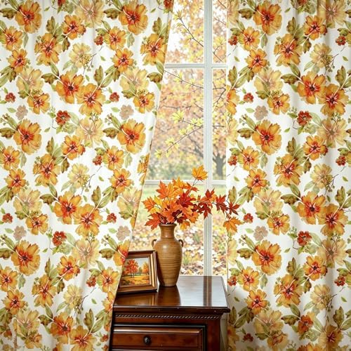 youleyar Fall Curtains for Living Room, 72 Inch Length Rod Pocket Printed Pattern Fall Curtian Panels, Autumn Orange Floral Window Drapes for Bedroom Dining Room Drapes, 52" W x 72" L - Image 5