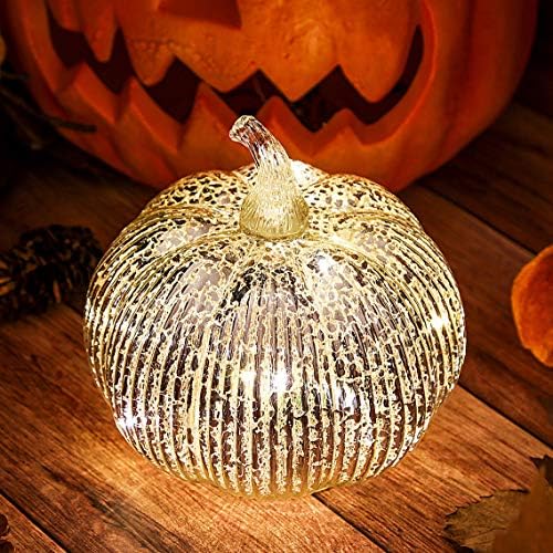 Silver Mercury Glass Pumpkin Light with 2 Lighting Modes and 6-Hour Timer, 5.5 x 6 Inch Battery Operated Fall Decor for Thanksgiving and Christmas Table Centerpiece by HvFun