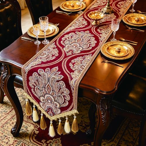 Christmas Burgundy Paisley Jacquard Table Runner 14x63 Inch with Tassels - Image 2