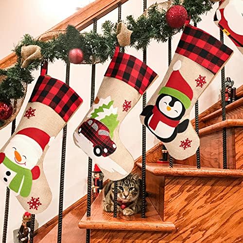 Christmas Stockings 5 Pack, 18'' Large Christmas Stockings with Santa Snowman Gnomes Pattern,Classic Buffalo Plaid Cuff,Xmas Ornaments for Family Stairs Fireplace Tree Hanging - Image 3