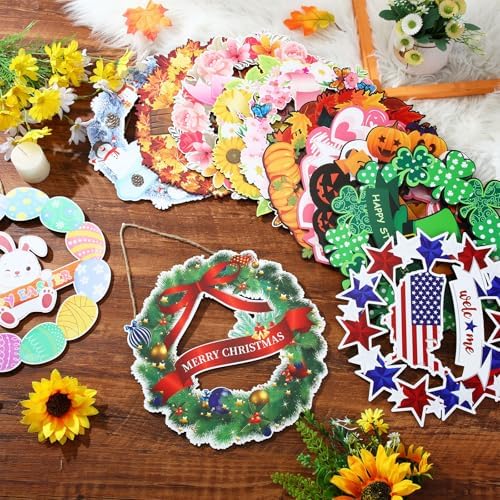 Geelin 12 Pcs Easter Seasonal Sign 12 Inch Hello Spring Door Decoration Rabbit Wood Wreath Holiday Wall Hanging Art for Easter 4th July Summer Outdoor Decor - Image 2