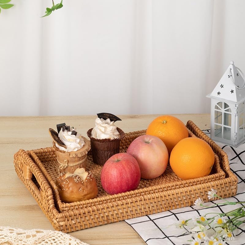 Rattan Serving Tray, Hand Woven Tray with Handles, Rectangular Wicker Basket Tray for Coffee Table Home Decor (14.5 x 10.2 x 1.4 inch) - Image 5