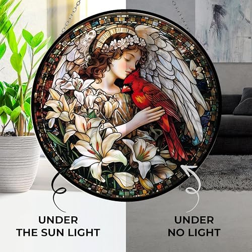 Angel with Red Cardinal Stained Glass Suncatcher Window Hangings, Memorial Gifts for Women, Memorial Gifts for Loss of Dad Mom Loved One 11.8" - Image 4