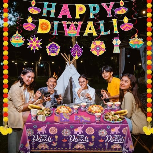 Bokon 121 Pcs Happy Diwali Decorations Diwali Party Tableware Set for 24 Guests Deepawali Lights Festival Tableware Tablecloth Banner Hanging Decorations Swirls Marigold Garland for India Deepawali - Image 6