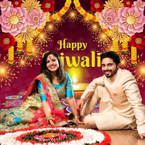 10x8ft Diwali Backdrop for Photography India Festival of Lights Photo Backdrop Diwali Banner Decorations for Party Supplies Deepavali Marigold Floral Backdrop Decorations Photo Props - Image 2