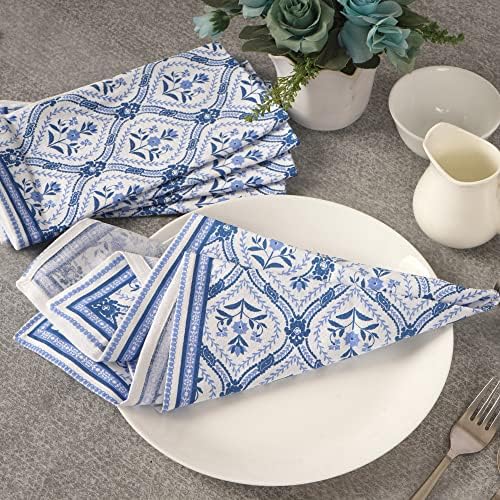 FINGERCRAFT Cloth Napkins Set of 12 Cotton Linen, 20x20 Inch, Damask Blue - Image 5