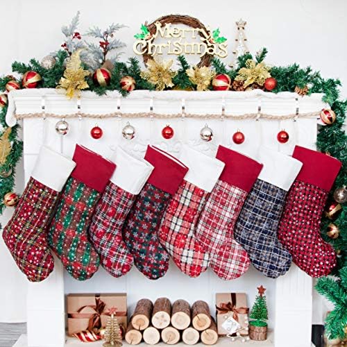 LUBOT 8 Pack Christmas Stocking(20inch) Plaid Snowflake Canvas Fireplace Hanging Xmas Stockings for Family Decorations Holiday Party Decor - Image 2