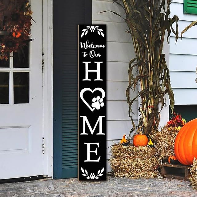 FemiaD Welcome To Our Home Porch Sign Wooden Paw Print Sign Vertical Welcome Sign for Standing Front Porch Sign Farmhouse Porch Signs Outdoor Tall Sign Decorations for Home 8x48inch - Image 4