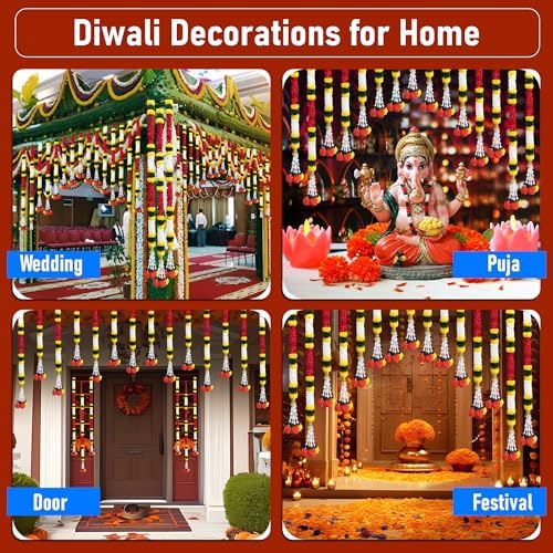 DIYANA IMPEX 4 Pc Artificial Marigold Garland with Bells, 5 Ft Long Hanging Flower Strings for Diwali Decorations, Indian Wedding, Party, Home Decor, Ganpati Hanging Decor & Mantle Decor (Red) - Image 5