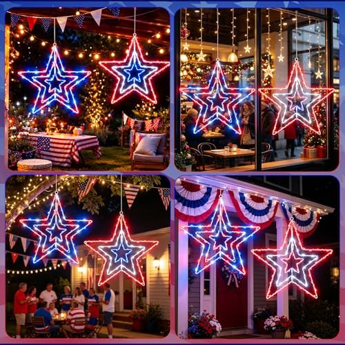 2 Pcs 4th of July Window Decorations Lights, 13.8In Red White and Blue Lights Patriotic Star Light Battery Operated with Timer & 8 Modes 4th of July Decorations Indoor for Home Porch - Image 7