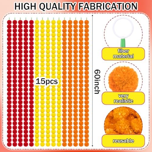 Giegxin 15 Pack 5ft Marigold Garland for Decor, Red, Orange, Yellow - Image 2