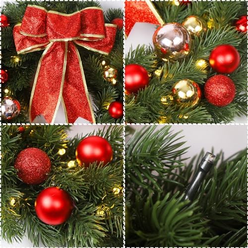 Juegoal 16 Inch Pre-Lit Christmas Wreath with Metal Hanger, Large Red Bow and Colored Balls, Battery Operated with Warm White 40 LEDs Lights, Front Door Spruce Lighted Wreath X-max Decorations - Image 4