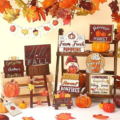 14 Pcs Halloween Tiered Tray Decor Set, Gnome Wood Table Signs (Classic) - Image 5