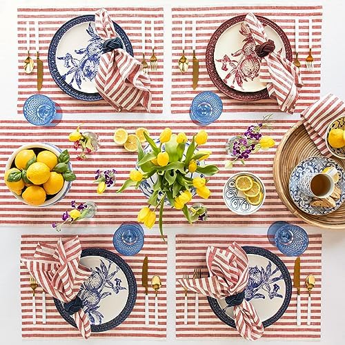 Solino Home 100% Pure Linen Table Runner, 14 x 156 in, Red and White Stripe - Image 3