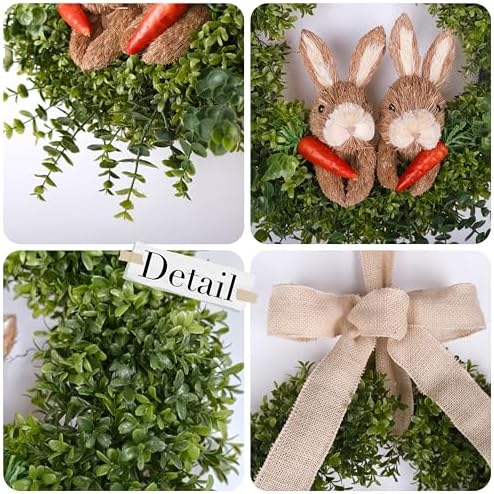 22" Spring Easter Wreath for Front Door - Easter Bunny Wreath - Artificial Green Boxwood Wreath with Burlap Bow & Sisal Bunnies - Spring Easter Holiday Decor for Home Door, Porch, Wall,Window - Image 2
