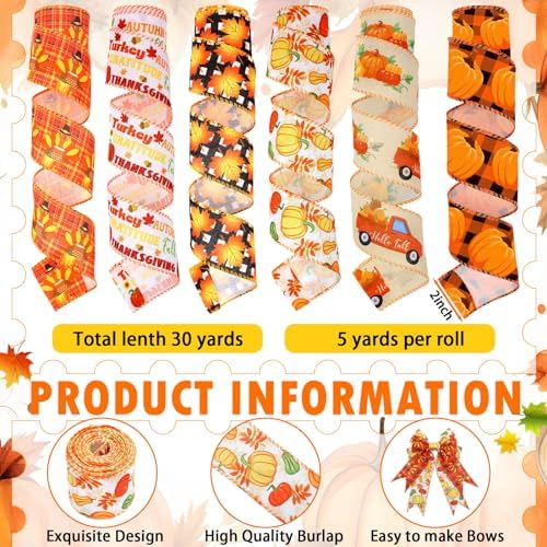 Yuefunny 10 Pcs Fall Ribbon 4 Mesh Ribbons 6 Burlap Wired Edge Ribbons - Image 4