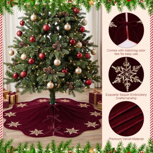 Hollowfly Burgundy Velvet Christmas Tree Skirt with Sequin Snowflake 48'' - Image 3