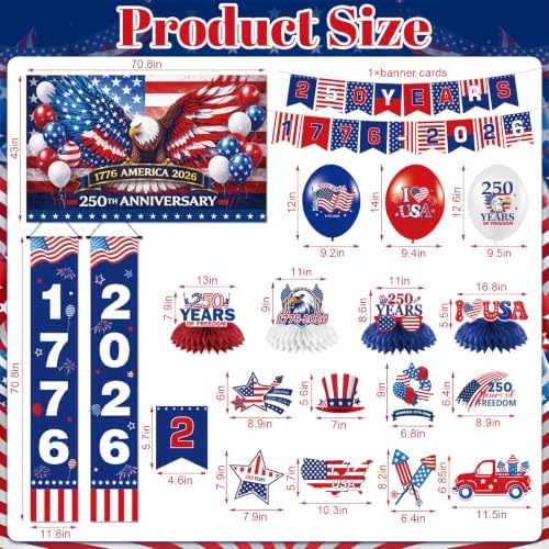Sabary 48 Pcs 4th of July Decorations 250th Anniversary Patriotic Decoration Red White Blue Porch Banners Backdrop Hanging Swirls Balloons Honeycomb Centerpieces for Independence Day Party Supplies - Image 2