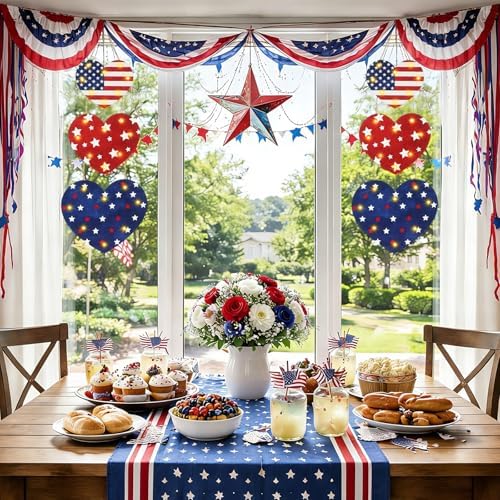 Barydat 3 Pcs 4th of July Decorations Patriotic Lighted Wooden Sign Red White Blue Heart Glitter Hanging Wreaths Plaque with LED Light for 250th Anniversary Independence Day Front Door Porch - Image 5