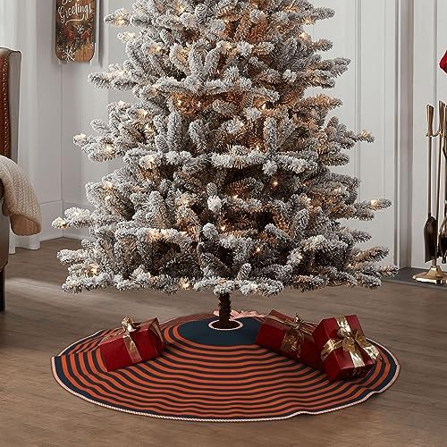 Christmas Tree Skirt 48 Inch, Navy Blue and Orange Striped Holiday - Image 7