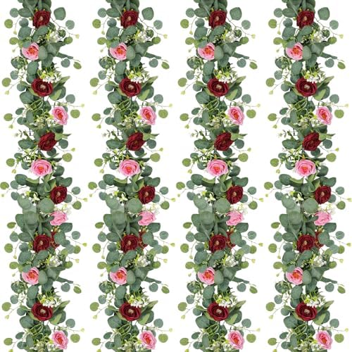 TOCHGREEN 4 Pack Artificial Eucalyptus Flower Garland with Red Pink Roses by TOCHGREEN