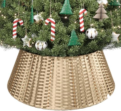 ELYKEN Gold Christmas Tree Collar, 28 Inch Woven Xmas Tree Skirt for 7.5 ft Trees, Stylish Rustic Basket for Tree Base Cover with Cord Cut-Out for Pencil Trees, Easy Assembly by ELYKEN