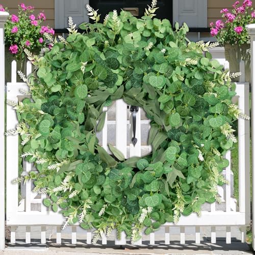 26" Large Eucalyptus Wreath for Front Door Spring Summer Greenery All Season Green Year Round Artificial Eucalyptus Leaves Wreath for Porch Farmhouse Home Wall Window Outdoor Indoor Decorations - Image 3