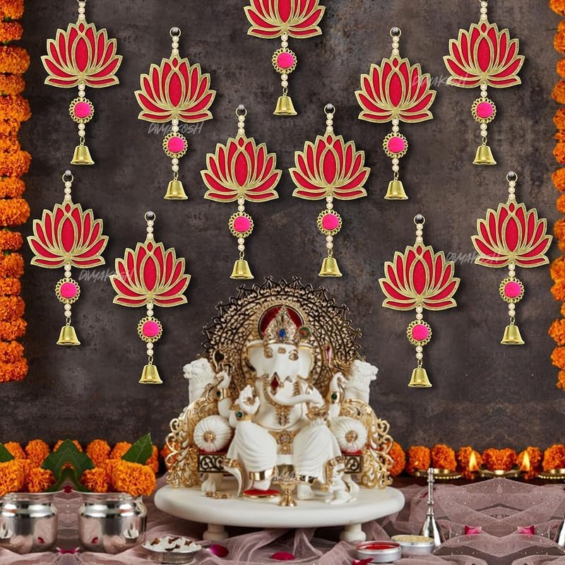 Divyakosh Fabric & Beads Lotus Hangings for Decoration,Pack of 10,Color,Pink,Door/Wall Decor,Mandir Pooja Room,Temple Decor,Export Quality,Wedding Backdrop Decorative Items,Size,9 Inch - Image 7