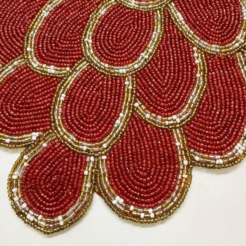 Handmade Christmas Tree Table Runner, Beaded Runner, Red and Gold, 13x36inch - Image 2