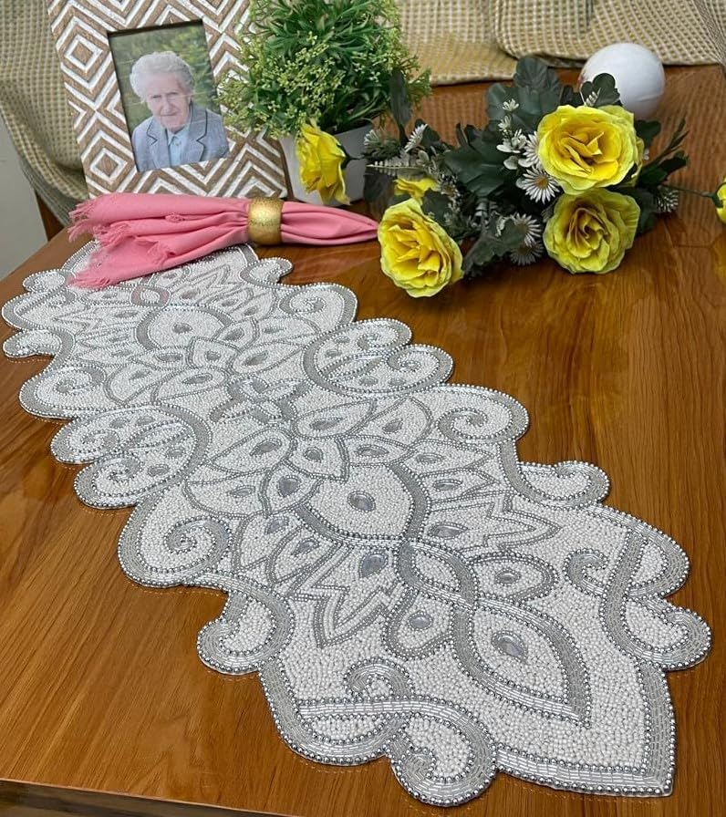 Beaded Table Runner Decorative Hand Glitz Rustic Farmhouse for Scalloped Design - 13x36 Inch - Ivory Silver - Image 6