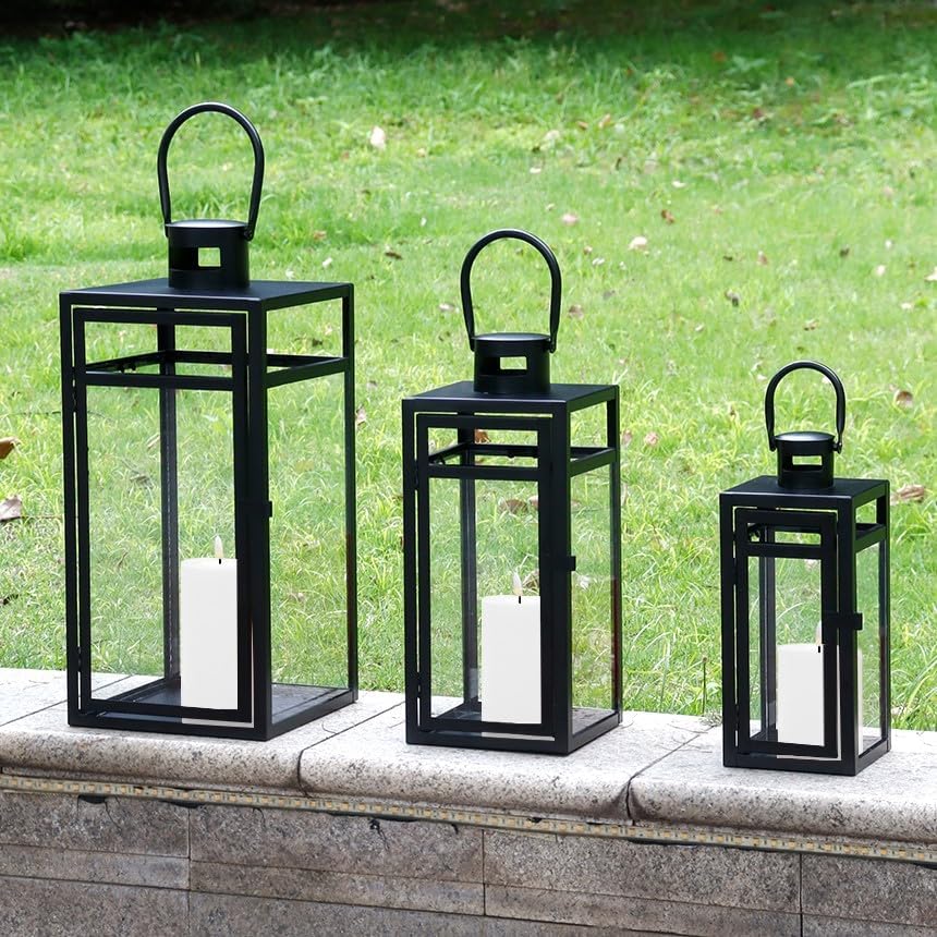 TRIROCKS Stainless Steel Lantern Set of 3 - Assorted Sizes (12/15/19 Inch) - Tall Metal Hanging Lanterns with Clear Glass Panels, Indoor & Outdoor Home Decor for Parties & Events - Black Finish - Image 5