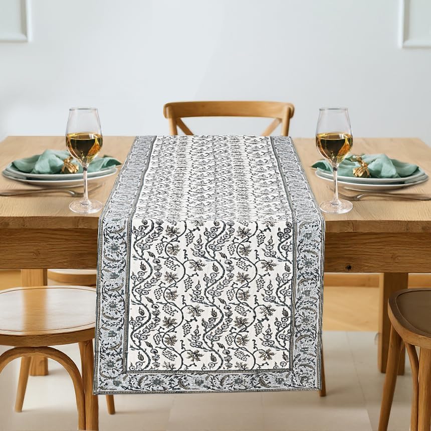 Ridhi Hand Block Print Table Runner Baby Blue Eyes 16x70 Inch 100% Cotton by Ridhi