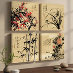 4 Pcs Chinese Canvas Wall Art Decor, Plum Bamboo Orchid, 12x12 Inch Framed - Image 2