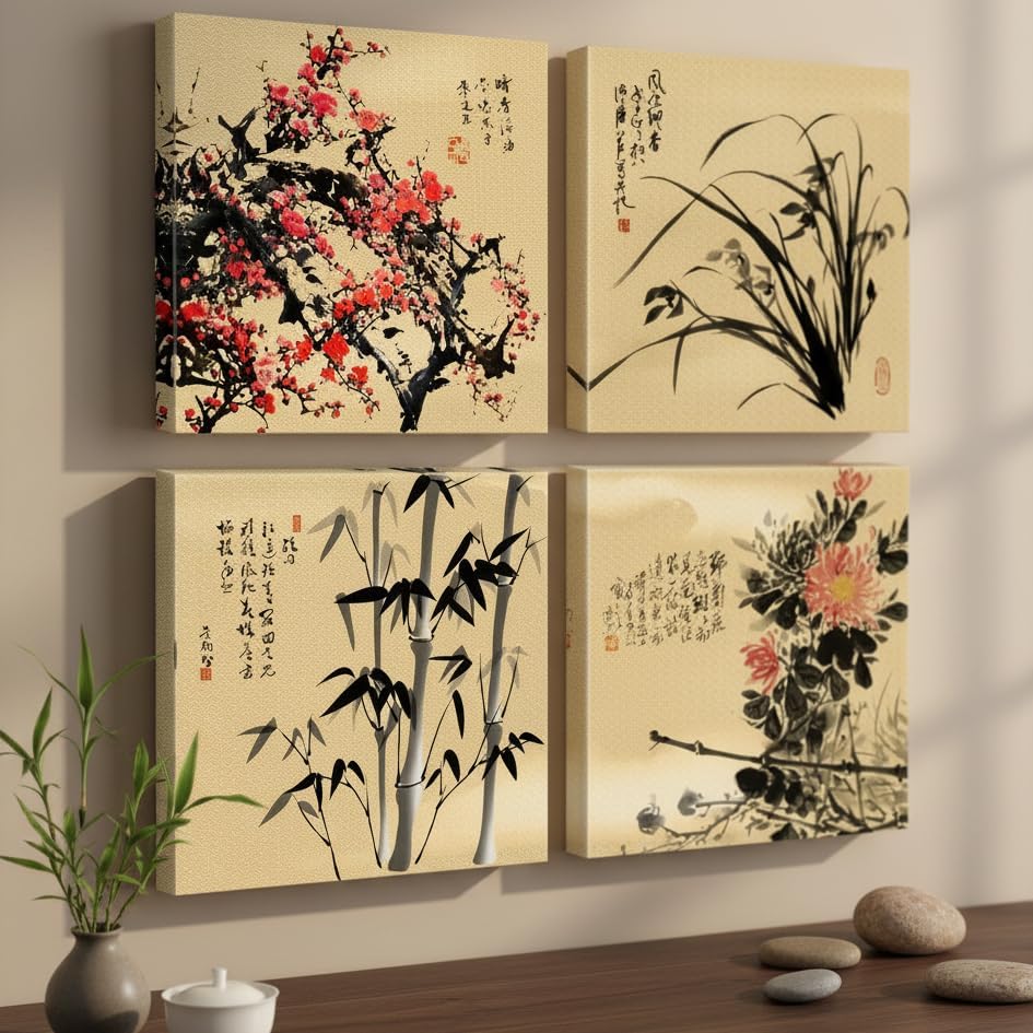4 Pcs Chinese Canvas Wall Art Decor, Plum Bamboo Orchid, 12x12 Inch Framed - Image 2