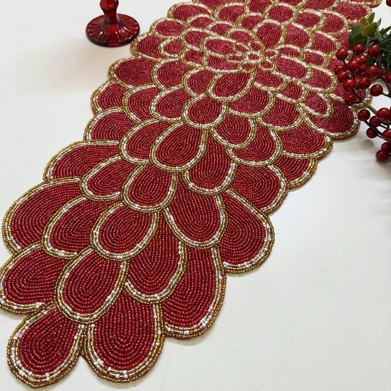Handmade Christmas Tree Table Runner, Beaded Runner, Red and Gold, 13x36inch - Image 5