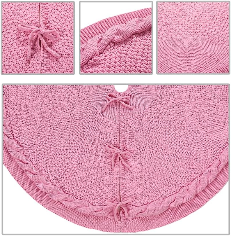 Sattiyrch Christmas Tree Skirt,Luxury Cable Knit Knitted Thick Rustic Xmas Holiday Decoration (Pink,48in) - Image 2
