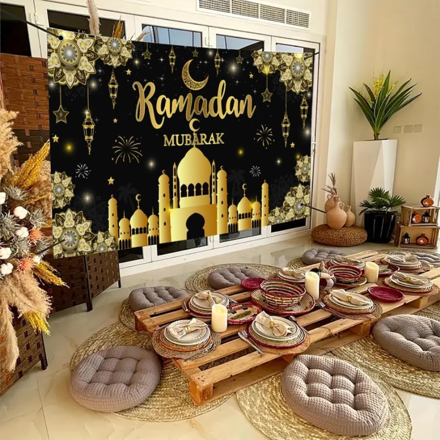 AIBIIN 8X6ft Ramadan Mubarak Backdrop Black Gold Muslim Kareem Banner Eid Al-Adha Mubarak Party Decorations Banner Photo Shoot Props - Image 3