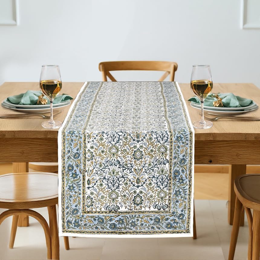 Ridhi Hand Block Print Table Runner Indigo Floral 16x90 Inch 100% Cotton by Ridhi