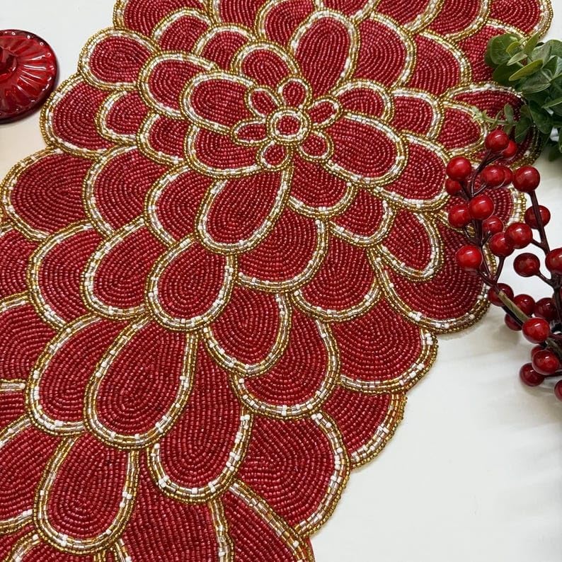Handmade Christmas Tree Table Runner, Beaded Runner, Red and Gold, 13x36inch - Image 3