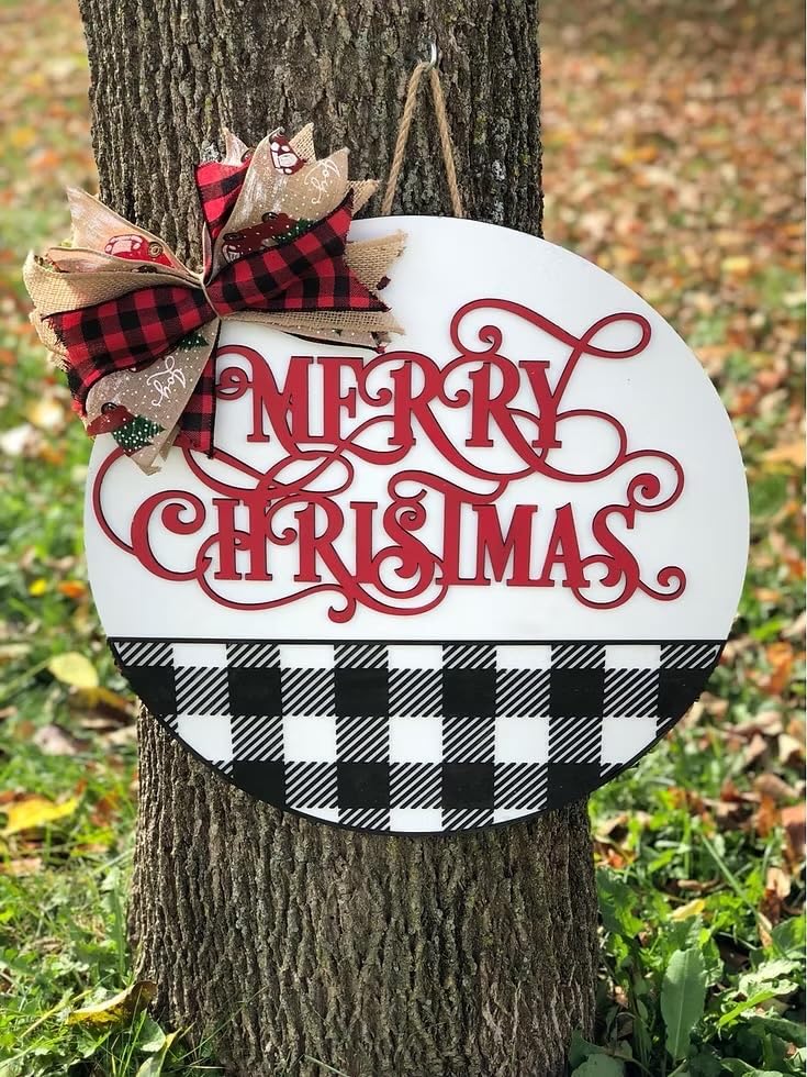 Wood front door sign Wood sign Home decor Welcome sign Sign for front door House warming gift Wedding gift (B/W Plaid-Plaid Christmas-DS087(NC) P002, 30" Width) - Image 4