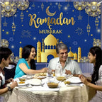 AIBIIN 8X6ft Ramadan Mubarak Backdrop Blue Gold Muslim Kareem Banner Eid Al-Adha Mubarak Party Decorations Banner Photo Shoot Props - Image 5