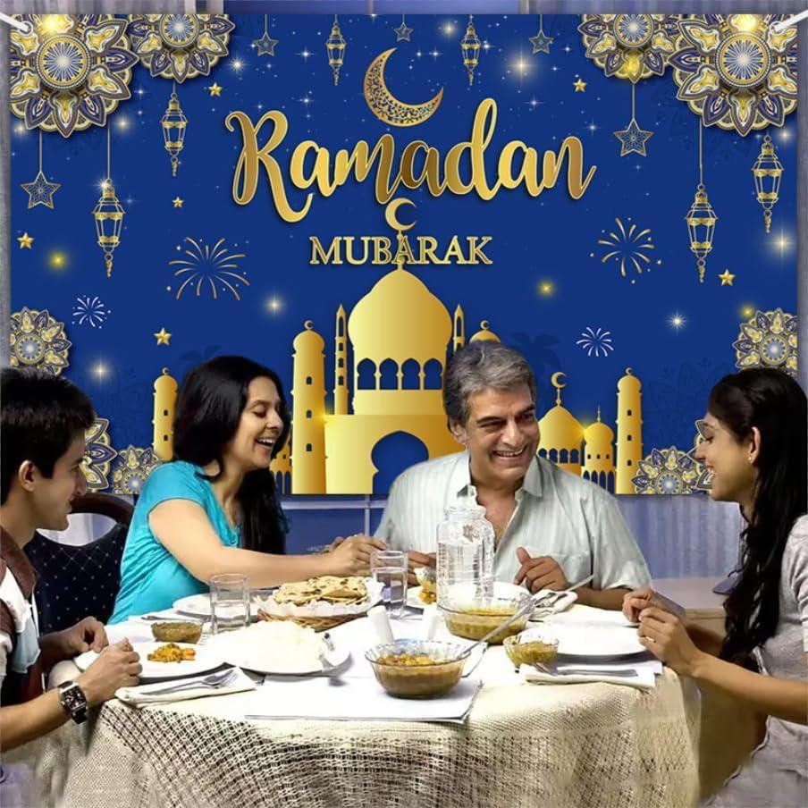 AIBIIN 8X6ft Ramadan Mubarak Backdrop Blue Gold Muslim Kareem Banner Eid Al-Adha Mubarak Party Decorations Banner Photo Shoot Props - Image 5