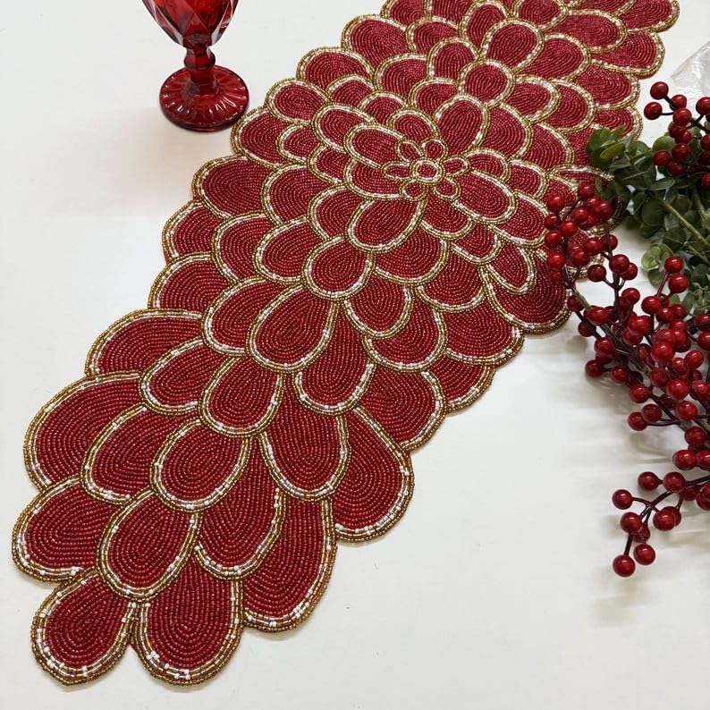 Handmade Christmas Tree Table Runner, Beaded Runner, Red and Gold, 13x36inch by Enliven