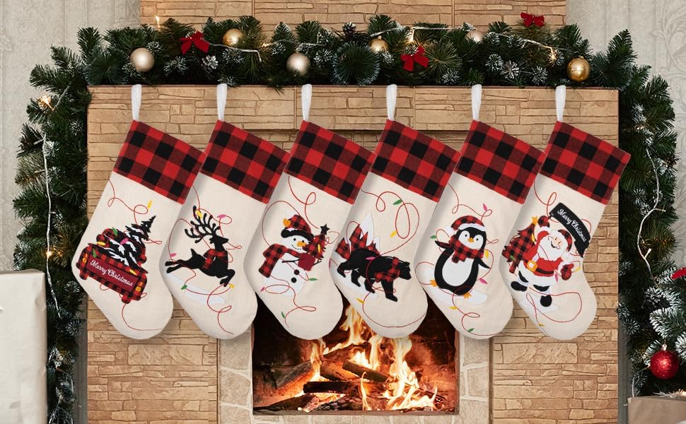 LUBOT Christmas Stockings Set of 4 Large Family Xmas Stocking 20" Silhouette Buffalo Red Plaid Fireplace Hanging Holiday Decor 4 Pack - Image 5