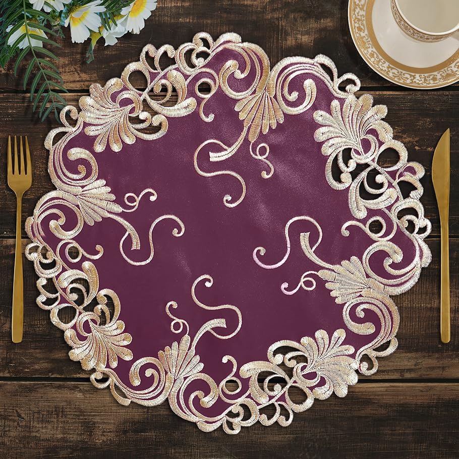 Decozen Set of 8 Doilies for Table, Lace Doilies - Rustic, Crochet, Farmhouse, Kitchen, Dining Table Centerpiece Decor - Round Christmas Placemats - 15 inch Gold Burgundy, The Chantelle Collection by Decozen