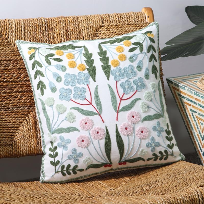 Pack of 2 Embroidered Decorative Throw Pillow Cover 18x18 Inch Farmhouse Floral Pillowcase for Living Room Sofa Bed (Blue Floral) - Image 6
