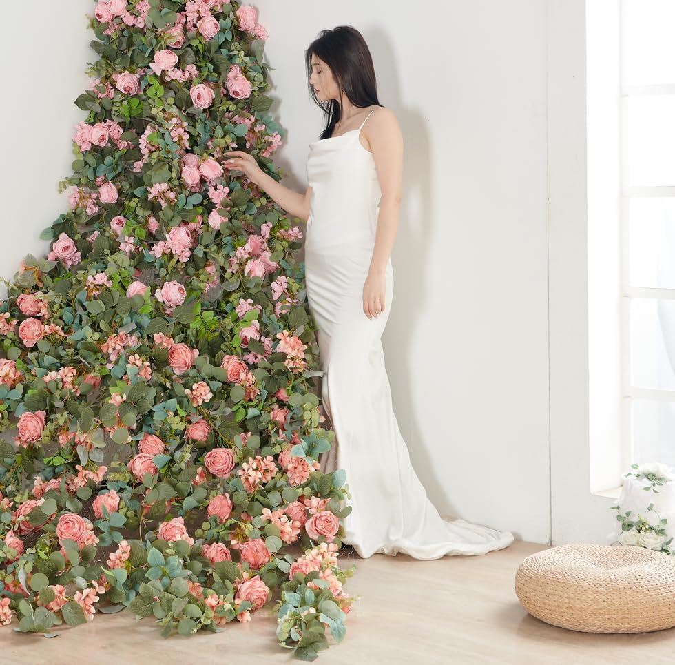 Artificial Flower Garland 2pcs 5.4ft Rose & Hydrangea Vine, Champagne Pink - Image 3
