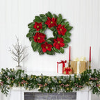 24" Artificial Wreath for Front Door Burgundy Red Magnolia Wreath Greenery for Wedding Christmas Housewarming Thanksgiving Farmhouse Mantel Door Decoration - Image 6