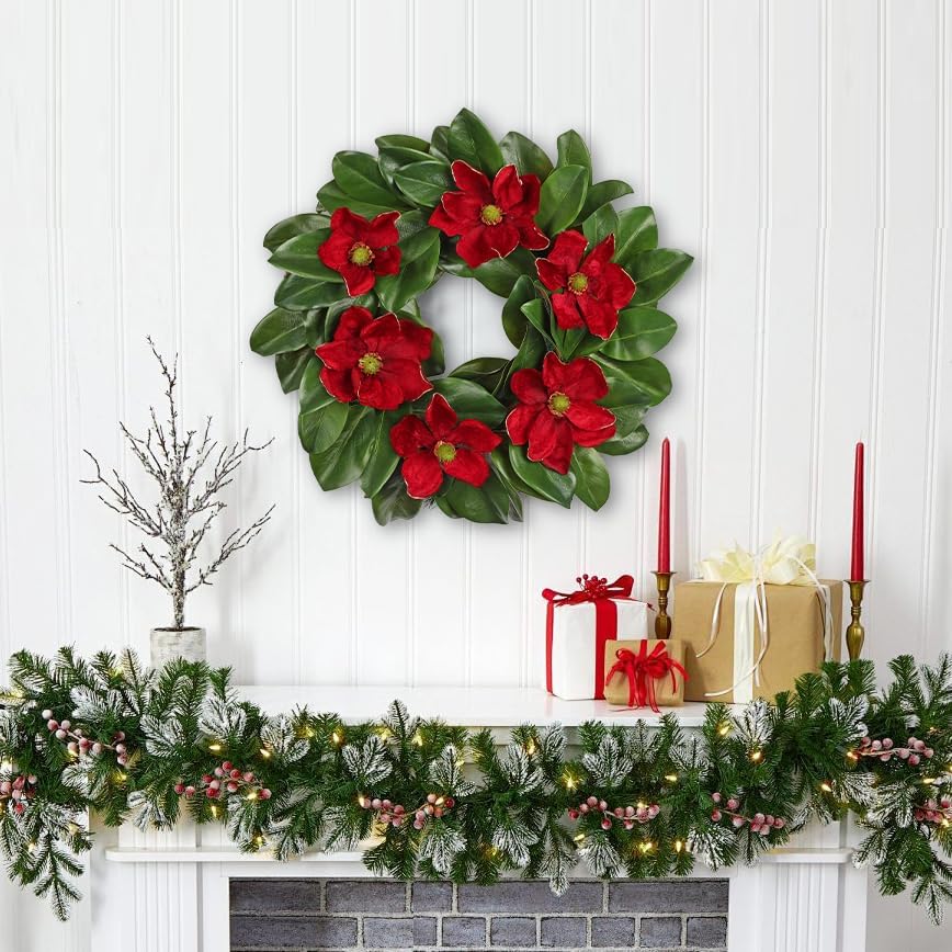 24" Artificial Wreath for Front Door Burgundy Red Magnolia Wreath Greenery for Wedding Christmas Housewarming Thanksgiving Farmhouse Mantel Door Decoration - Image 6