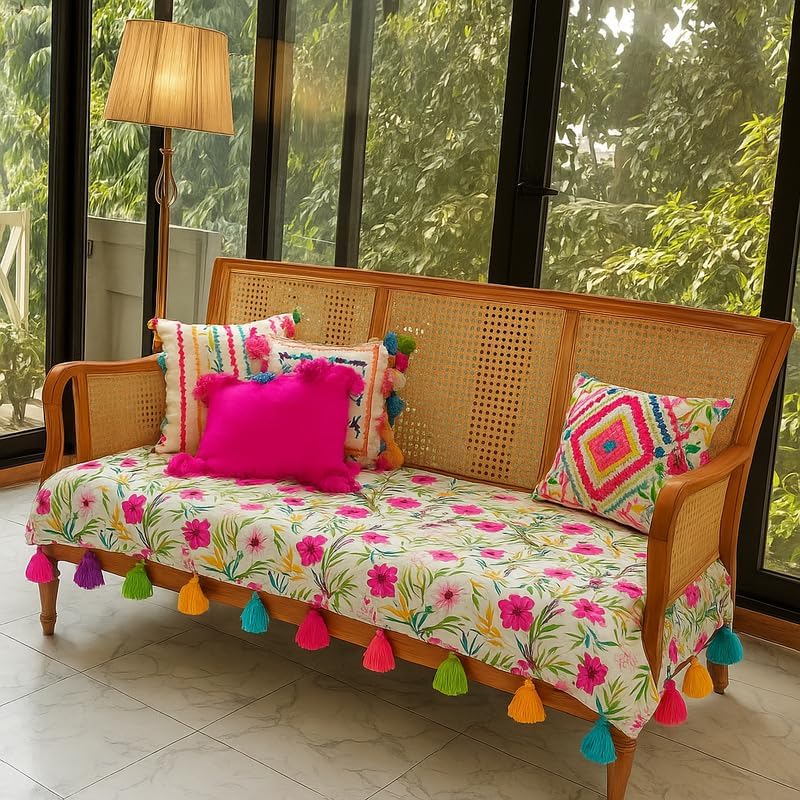 WWW.THROWPILLOW.IN Multicoloured Floral Festive 2 Seater Sofa Cover Two Throw - Diwali Home Decor- Seat Cover-Fits Seat- 1 Piece - Image 2